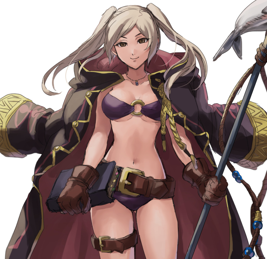 ass_visible_through_thighs belt bikini book breasts brown_eyes brown_gloves cleavage cloak commentary_request cowboy_shot female fire_emblem fire_emblem_awakening fire_emblem_heroes fish gloves grey_hair harpoon highres jewelry kometubu0712 leather leather_gloves long_hair looking_at_viewer medium_breasts navel necklace o-ring o-ring_bikini official_alternate_costume purple_bikini robin_(female)_(fire_emblem) robin_(female)_(summer)_(fire_emblem) robin_(fire_emblem) simple_background smile solo swimsuit thigh_strap twintails white_background