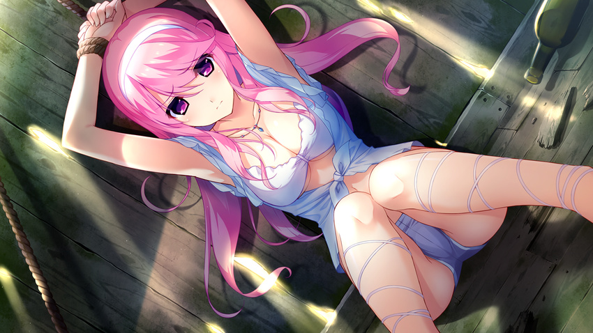 armpits arms_up bare_arms blush bottle boyshorts breasts cleavage dutch_angle female fumio_(ura_fmo) game_cg hairband hatsuru_koto_naki_mirai_yori highres indoors large_breasts legs long_hair looking_at_viewer meltyna navel pink_eyes pink_hair restrained rope short_shorts shorts sitting sleeveless solo thighs tied_up