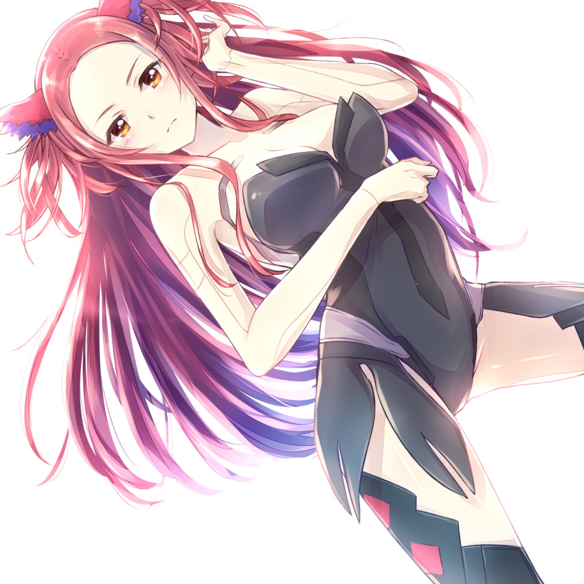 animal_ears beatless black_legwear black_leotard breasts brown_eyes brown_hair cleavage collarbone commentary_request dutch_angle elbow_gloves female floating_hair from_below gloves groin hand_in_own_hair highres kouka_(beatless) leotard long_hair looking_at_viewer medium_breasts nyaa_(nnekoron) simple_background solo standing strapless strapless_leotard white_background white_gloves