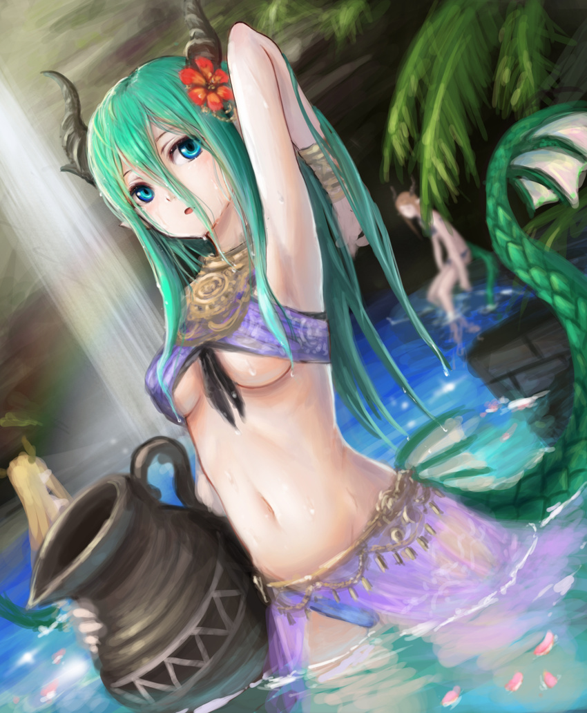 3girls aqua_hair armpits blue_eyes breasts commentary dragon_girl dutch_angle flower hair_flower hair_ornament highres horns kai_(ootamuno12) looking_at_viewer medium_breasts midriff multiple_girls navel open_mouth original panties petals photoshop_(medium) pitcher_(container) skirt solo_focus tail underboob underwear wading water waterfall wet