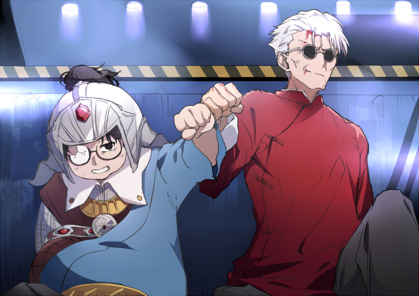 2boys aged_up black_eyes blood broken_eyewear changpao chinese_clothes clenched_teeth closed_mouth commentary_request fate/grand_order fate_(series) fist_bump glasses han_xin_(fate) helmet li_shuwen_(fate) li_shuwen_(old)_(fate) looking_at_another male_focus multiple_boys round_eyewear teeth tsuezu white_hair