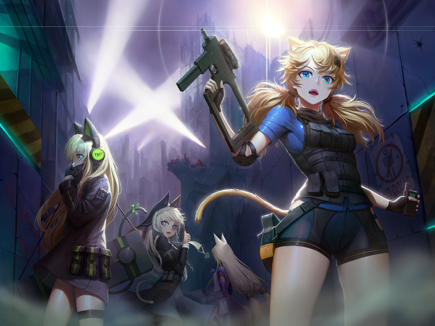 animal_ears anthro aqua_eyes banajune blonde_hair bodysuit building catgirl city cross dark dress g41_(girls_frontline) garter girls_frontline gloves graffiti green_eyes group gun headdress headphones idw_(girls_frontline) long_hair night nun p7_(girls_frontline) purple_eyes shorts tail tmp_(girls_frontline) twintails weapon white_hair