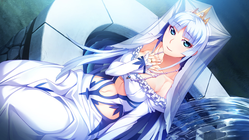 bare_shoulders blue_eyes blue_hair blush breasts dress eyebrows eyebrows_visible_through_hair female fountain fumio_(ura_fmo) game_cg grass hatsuru_koto_naki_mirai_yori highres horns large_breasts long_hair long_sleeves looking_at_viewer navel necklace outdoors parted_lips sitting smile solo strapless veil water yukikaze_geneblood