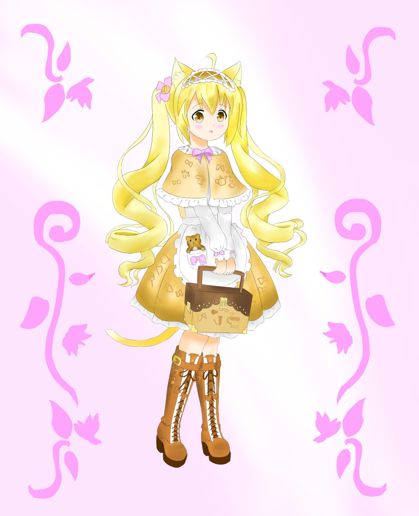 absurdres animal_ears bad_id bad_pixiv_id blonde_hair boots cat_ears chinese_commentary commentary_request female highres lolita_fashion mao_xin'ai twintails yellow_eyes