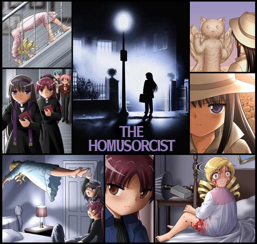 5girls akemi_homura barefoot blonde_hair blood blue_hair blush chris_macneil commentary_request copyright_name cosplay drill_hair english_text father_damien_karras father_lankester_merrin floating grin hat kaname_madoka kyuubee lamp lieutenant_william_f._kinderman long_hair mahou_shoujo_madoka_magica mahou_shoujo_madoka_magica_(anime) mami_mogu_mogu miki_sayaka multiple_girls open_mouth parody pink_hair priest purple_eyes regan_macneil regan_macneil_(cosplay) sakura_kyoko shingyouji_tatsuya short_hair sitting smile spider_walk standing sweat the_exorcist tomoe_mami twin_drills twintails