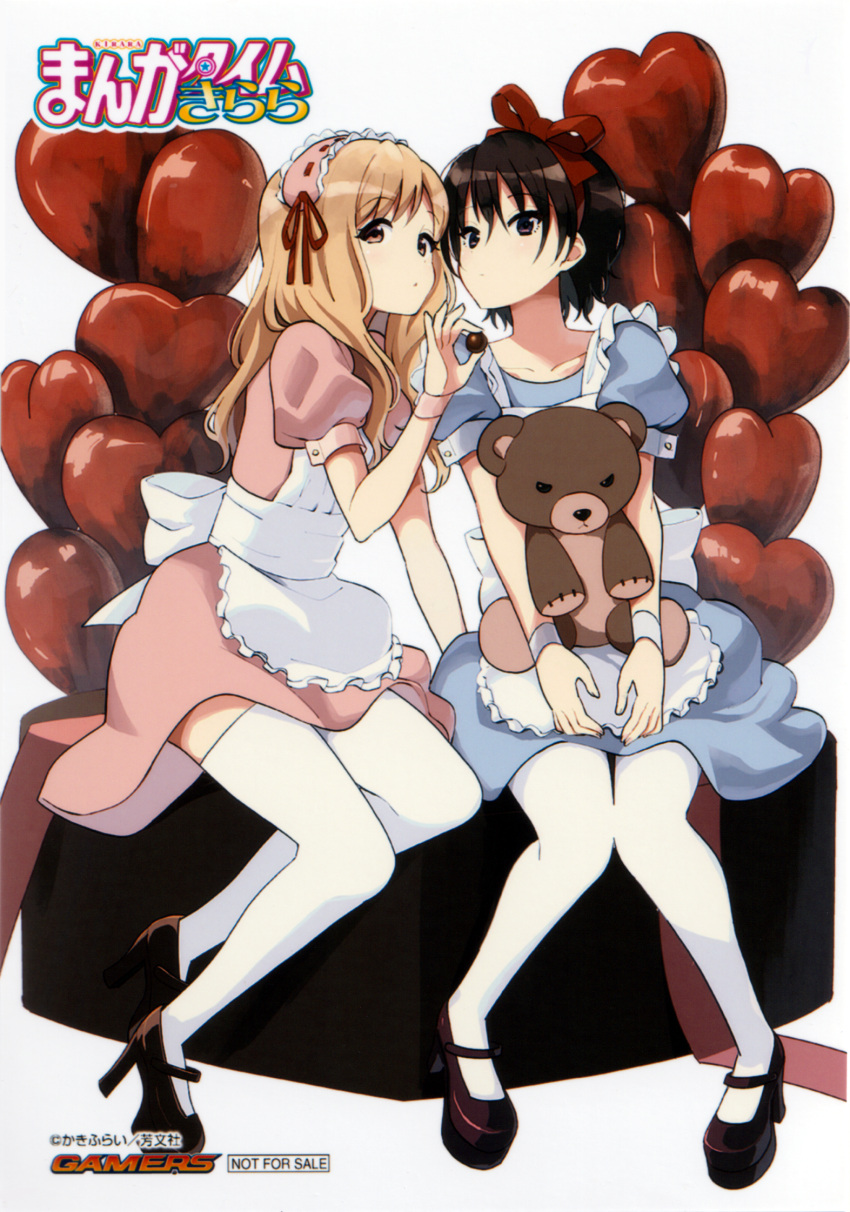 2girls apron black_hair blonde_hair bow bow_hairband candy chocolate dress food frills full_body hairband hairbow heart heart-shaped_chocolate high_heels highres holding k-on! k-on!_shuffle kakifly kawabe_risa long_hair looking_at_viewer maid maid_apron maid_headdress manga_time_kirara multiple_girls official_art ohtake_ranka oversized_food oversized_object puffy_short_sleeves puffy_sleeves purple_eyes red_eyes ribbon scan scan_artifacts short_sleeves sitting stuffed_animal stuffed_toy teddy_bear thighhighs valentine white_background white_legwear wrist_cuffs