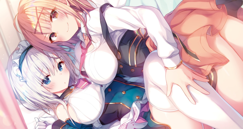 2girls blush gloves konomi short_hair tagme_(character) thighhighs