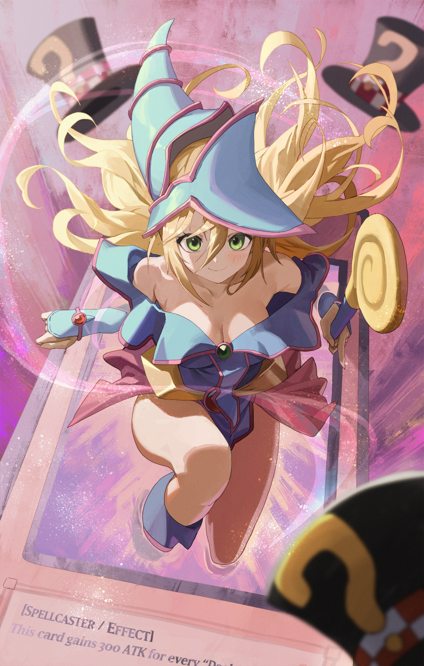 bare_shoulders blonde_hair blue_dress blue_footwear blue_hat blurry blush boots breasts cleavage closed_mouth commentary dark_magician_girl depth_of_field dress duel_monster english_commentary female floating_hair green_eyes hair_between_eyes hat highres holding holding_staff large_breasts long_hair looking_at_viewer m.q_(mqkyrie) magical_hats_(yu-gi-oh!) off-shoulder_dress off_shoulder smile solo staff summoning wizard_hat yu-gi-oh!