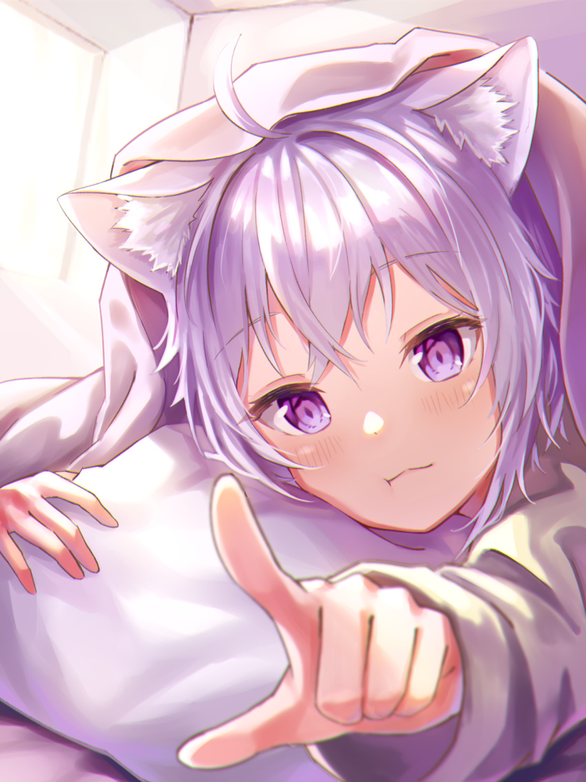 :3 ahoge animal_ear_fluff animal_ears blush cat_ears cat_girl crossed_bangs female hair_between_eyes highres hololive kaiwa looking_at_viewer nekomata_okayu off_shoulder on_bed pillow pointing pointing_at_viewer poking purple_eyes purple_hair reaching reaching_towards_viewer short_hair solo virtual_youtuber