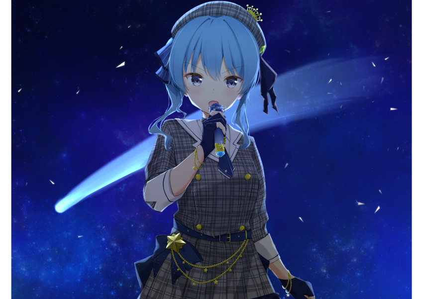 absurdres backlighting belt belt_chain beret black_gloves blue_eyes blue_hair bracelet charm_(object) comet commentary crown dress female gloves grey_hat hair_ribbon hand_up hat highres holding holding_microphone hololive hoshimachi_suisei hoshimachi_suisei_(1st_costume) hozuka jewelry medium_hair microphone music night open_mouth partially_fingerless_gloves pillarboxed plaid plaid_dress plaid_headwear ribbon ringlets sailor_collar side_ponytail singing sleeves_rolled_up solo space star_(symbol) virtual_youtuber wavy_hair wavy_mouth