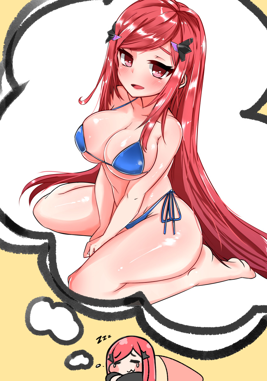 :3 =_= absurdres airplane_hair_ornament alternate_breast_size bikini blush breast_envy breasts chibi cleavage dreaming female full_body highres jjehong korean_commentary large_breasts last_origin looking_at_viewer night_angel_(last_origin) red_eyes red_hair simple_background sitting sleeping smile solo string_bikini swimsuit tears wariza yellow_background zzz