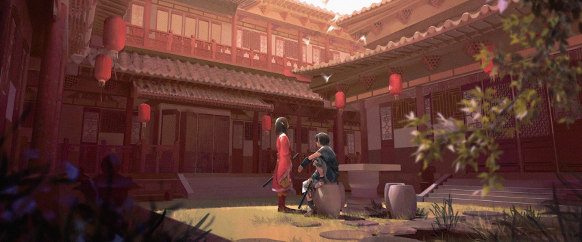 2boys architecture arm_wrap bird black_hair blurry boots branch brown_hair building chenalii commentary day depth_of_field east_asian_architecture ei_sei_(kingdom) english_commentary facing_away flock garden grass highres holding holding_sword holding_weapon kingdom_(series) knee_up lantern long_sleeves looking_up male_focus medium_hair motion_blur multiple_boys outdoors outstretched_arm paper_lantern pavement robe sash shin_(kingdom) short_hair short_sleeves sitting stairs standing stool sword table torn_clothes weapon wide_sleeves