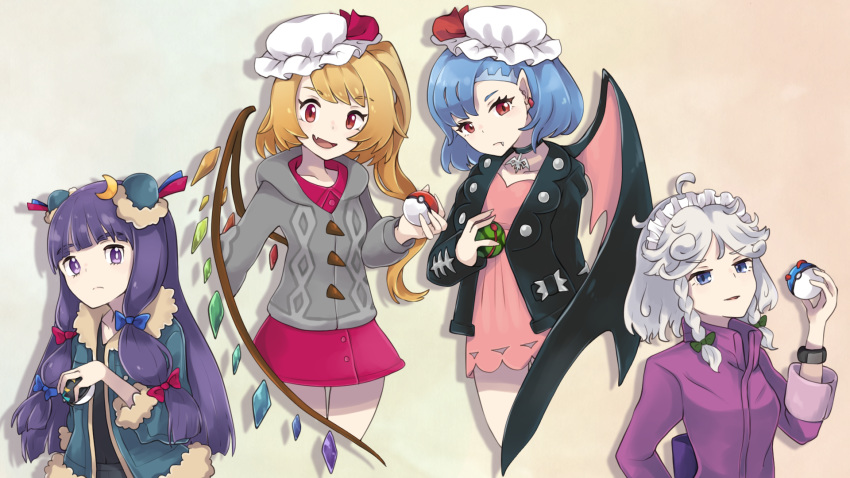 4girls ahoge arm_up asymmetrical_bangs bat_wings bede_(pokemon) bede_(pokemon)_(cosplay) black_choker black_jacket black_shirt blonde_hair blue_coat blue_eyes blue_hair blunt_bangs bracelet braid choker coat commentary_request cosplay crescent crescent_hair_ornament cropped_legs double_bun dress dusk_ball earrings expressionless fang_out flandre_scarlet frown gloria_(pokemon) gloria_(pokemon)_(cosplay) great_ball grey_sweater hair_bun hair_ornament hat hat_ribbon head_tilt highres holding holding_poke_ball hop_(pokemon) hop_(pokemon)_(cosplay) izayoi_sakuya jacket jewelry karua_m long_hair long_sleeves looking_at_viewer looking_to_the_side maid_headdress marnie_(pokemon) marnie_(pokemon)_(cosplay) mob_cap moon_ball multiple_girls oerba_yun_fang one_side_up open_clothes open_jacket open_mouth pantyhose patchouli_knowledge pendant pink_dress pointy_ears poke_ball poke_ball_(basic) pokemon pokemon_swsh purple_eyes purple_hair purple_jacket red_eyes remilia_scarlet ribbon shirt short_hair single_wing skin_fang standing sweater touhou track_jacket twin_braids upper_body very_long_hair white_hair white_headwear white_legwear wings