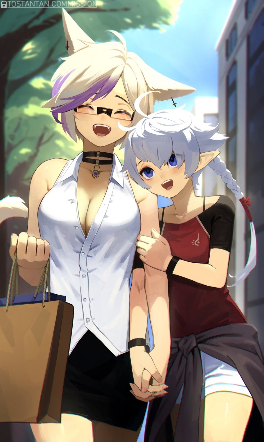 2girls :d ^_^ ahoge alisaie_leveilleur animal_ears arm_hug bag black_choker black_skirt blue_eyes braid braided_ponytail breasts cat_ears choker cleavage closed_eyes clothes_around_waist commentary commission contemporary day elezen elf english_commentary final_fantasy final_fantasy_xiv fingernails flat_chest happy highres holding_hands interlocked_fingers large_breasts maria_reya miqo'te multicolored_hair multiple_girls outdoors partially_unbuttoned pencil_skirt platinum_blonde_hair pointy_ears purple_hair raglan_sleeves rimless_eyewear shirt shopping shopping_bag shorts single_braid skirt sleeveless sleeveless_shirt smile streaked_hair sweater sweater_around_waist teeth tostantan upper_teeth_only warrior_of_light_(ff14) watch white_hair white_shorts wristwatch yuri