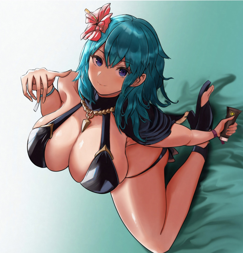 alternate_costume aqua_hair bare_legs bed_sheet bikini black_bikini black_capelet black_footwear blue_background blue_eyes blue_hair blush breasts byleth_(female)_(fire_emblem) byleth_(female)_(summer)_(fire_emblem) byleth_(fire_emblem) capelet cleavage closed_mouth commentary female fire_emblem fire_emblem:_three_houses fire_emblem_heroes flower from_above full_body gradient_background grey_background hair_between_eyes hair_flower hair_ornament hibiscus high_heels highres inaba_(usanopo) jewelry kneeling large_breasts legs light_blue_hair long_hair looking_at_viewer lotion_bottle medium_hair official_alternate_costume pendant sandals skindentation smile solo swimsuit thighs toeless_footwear two-tone_background wristband