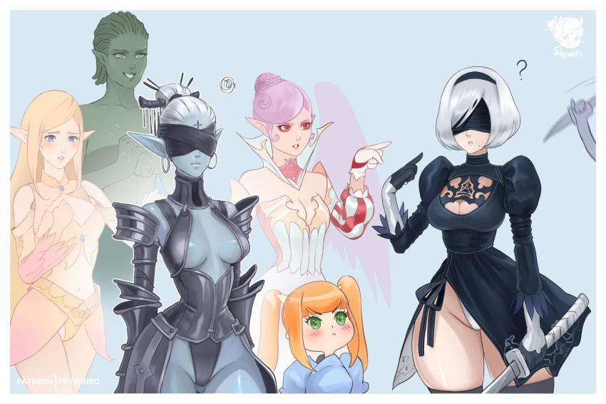 2b_(nier:automata) 6+girls ? blindfold blue_background breasts cleavage commentary covered_eyes dark_elf dark_elf_(lineage_2) dwarf_(lineage_2) earrings elcadia elf elf_(lineage_2) jewelry kamael katana leotard lineage lineage_2 medium_breasts mole mole_under_mouth multiple_girls nier:automata nier_(series) orc_(lineage_2) pointing pointing_at_self pointy_ears prywinko simple_background skindentation squiggle sword thick_thighs thighs weapon white_leotard