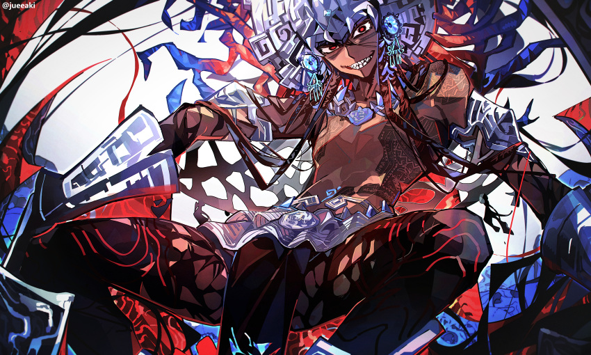 1boy absurdres black_hair black_skin braid camazotz_(fate) colored_skin crazy_eyes dark-skinned_male dark_skin eeju fate/grand_order fate_(series) full-body_tattoo grin headpiece highres jewelry loincloth long_hair looking_at_viewer m_legs male_focus multiple_braids necklace red_eyes sharp_teeth simple_background smile solo spread_legs tattoo teeth topless_male twitter_username very_long_hair white_background wide-eyed