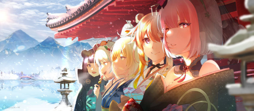 5girls absurdres artist_name bag bagged_fish bare_shoulders black_hair blonde_hair blue_eyes breasts cleavage closed_mouth fish gawr_gura gawr_gura_(new_year) goldfish grey_hair highres hololive hololive_english holomyth japanese_clothes kimono long_hair looking_at_viewer macchirei mori_calliope mori_calliope_(new_year) multiple_girls ninomae_ina'nis ninomae_ina'nis_(new_year) official_alternate_costume open_mouth orange_hair outdoors pink_eyes pink_hair plastic_bag purple_eyes short_hair sky snow sun takanashi_kiara takanashi_kiara_(new_year) virtual_youtuber watson_amelia watson_amelia_(new_year)