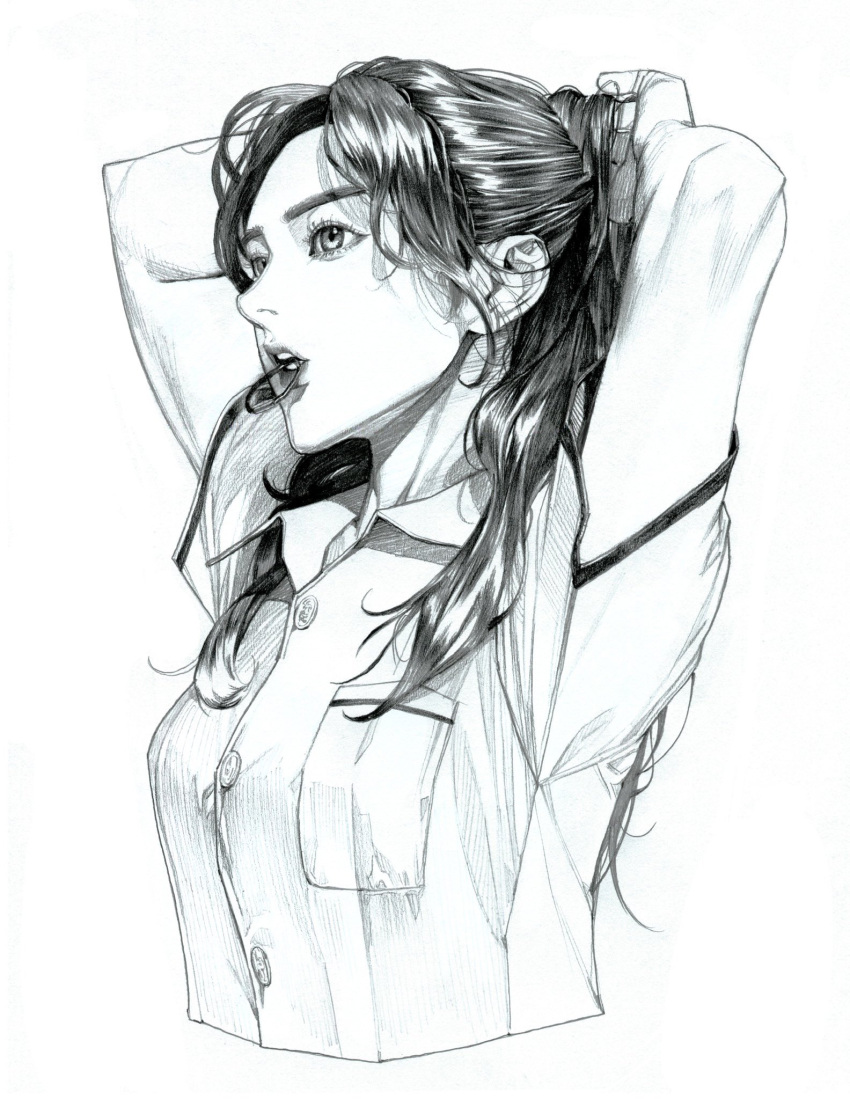 adjusting_hair arms_behind_head arms_up bare_arms breast_pocket breasts collared_shirt commentary cropped_torso dress_shirt english_commentary eyelashes female greyscale hair_tie_in_mouth heo_sung-moo highres lips long_hair monochrome mouth_hold original parted_lips pocket ponytail shirt short_sleeves simple_background solo teeth tying_hair upper_body white_background