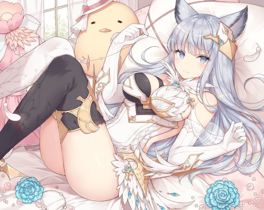 animal_ears ass asymmetrical_legwear ayuanlv bad_id bad_twitter_id bare_shoulders bed black_thighhighs breasts dress elbow_gloves erune female gloves granblue_fantasy grey_eyes grey_hair hair_ornament hands_up highres korwa large_breasts legs_up long_hair looking_at_viewer lying mismatched_legwear on_back on_bed pillow short_dress sideless_outfit smile solo stuffed_chicken thighhighs thighs white_dress white_gloves white_legwear