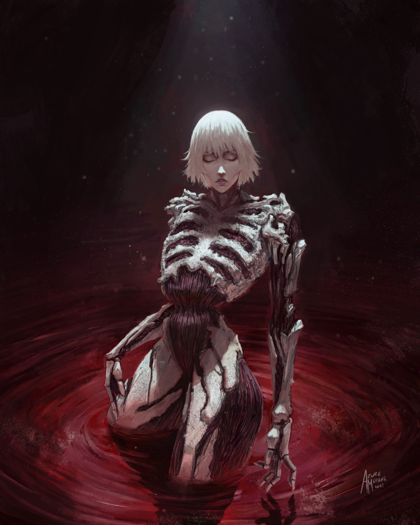 azure_meraki biopunk blood closed_eyes dated exposed_muscle facing_viewer female highres horror_(theme) making-of_available no_skin original parted_lips pool_of_blood short_hair signature skeleton solo standing wading white_hair