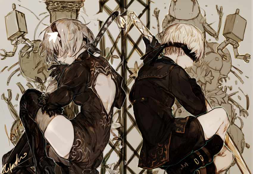 1boy 2b_(nier:automata) 9s_(nier:automata) back back-to-back back_cutout black_blindfold black_footwear blindfold boots clothing_cutout commentary_request covered_eyes drone feather_trim female fetal_position flower hair_flower hair_ornament high_heel_boots high_heels highres hiranko juliet_sleeves katana knee_boots lily_(flower) limited_palette long_sleeves machine_(nier) multiple_others nier:automata nier_(series) pod_(nier:automata) puffy_sleeves reversed robot see-through see-through_legwear sheath sheathed short_hair shorts sword symmetrical_pose symmetry textless_version thigh_boots thighhighs thighhighs_under_boots virtuous_contract weapon white_hair