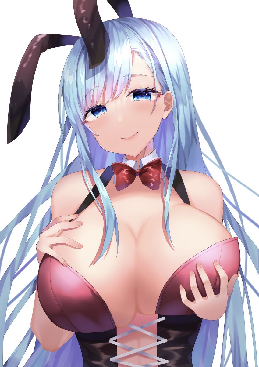 absurdres animal_ears azur_lane bad_id bad_pixiv_id bare_shoulders blue_eyes blue_hair bow breast_lift breasts cleavage detached_collar fake_animal_ears female hand_on_own_chest highres huge_breasts leotard long_hair looking_at_viewer official_alternate_costume playboy_bunny purple_leotard rabbit_ears red_bow simple_background sino_rameko solo strapless strapless_leotard ticonderoga_(azur_lane) ticonderoga_(show_stopper!)_(azur_lane) upper_body white_background