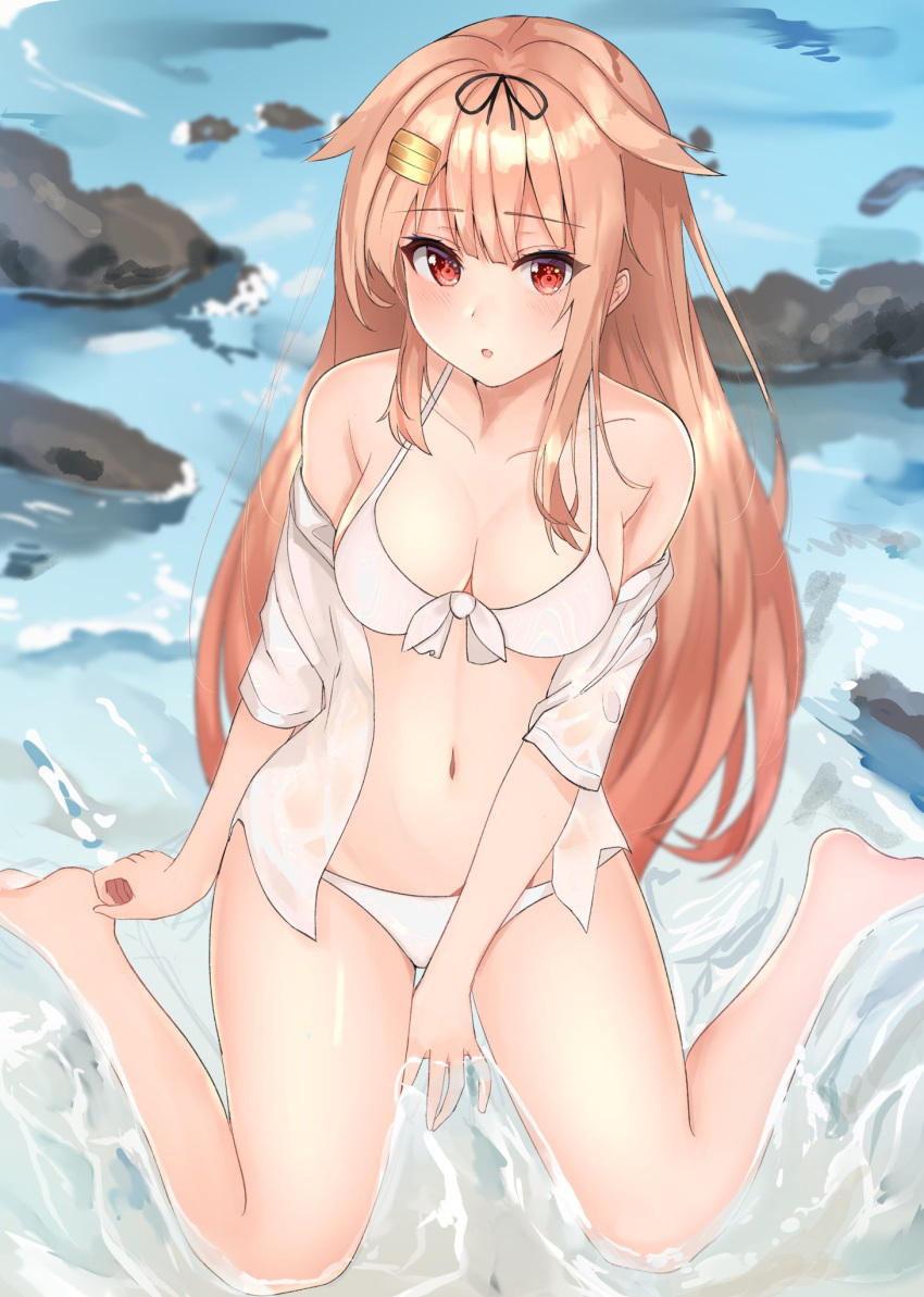 bikini black_ribbon blonde_hair breasts cleavage commentary_request female front-tie_top gradient_hair hair_flaps hair_ornament hair_ribbon hairclip highres kantai_collection long_hair looking_at_viewer medium_breasts multicolored_hair navel open_clothes open_shirt partially_submerged red_eyes ribbon rock shiina_aoi shirt sitting solo swimsuit wariza water white_bikini white_shirt yuudachi_(kancolle) yuudachi_kai_ni_(kancolle)