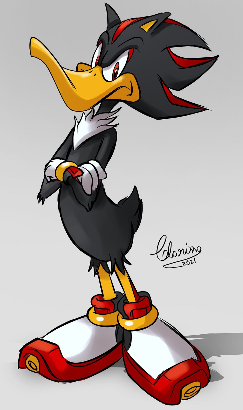 1boy 2021 clarissa_arts crossed_arms daffy_duck full_body furry furry_male fusion gloves grey_background highres looking_to_the_side looney_tunes male_focus red_eyes shadow shadow_the_hedgehog signature simple_background solo sonic_(series) standing white_footwear white_gloves