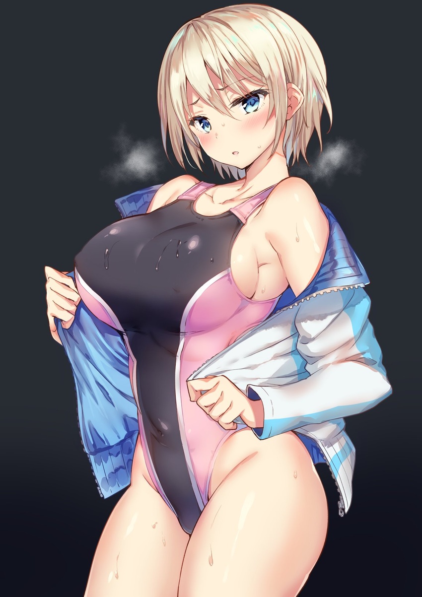 blonde_hair blue_eyes breasts breath collarbone competition_swimsuit cowboy_shot female gakkou_de_seishun! grey_background highres jacket kuwahara_hazuki large_breasts multicolored_clothes multicolored_jacket one-piece_swimsuit sanshoku_amido short_hair sideboob simple_background solo standing sweat swimsuit two-tone_swimsuit