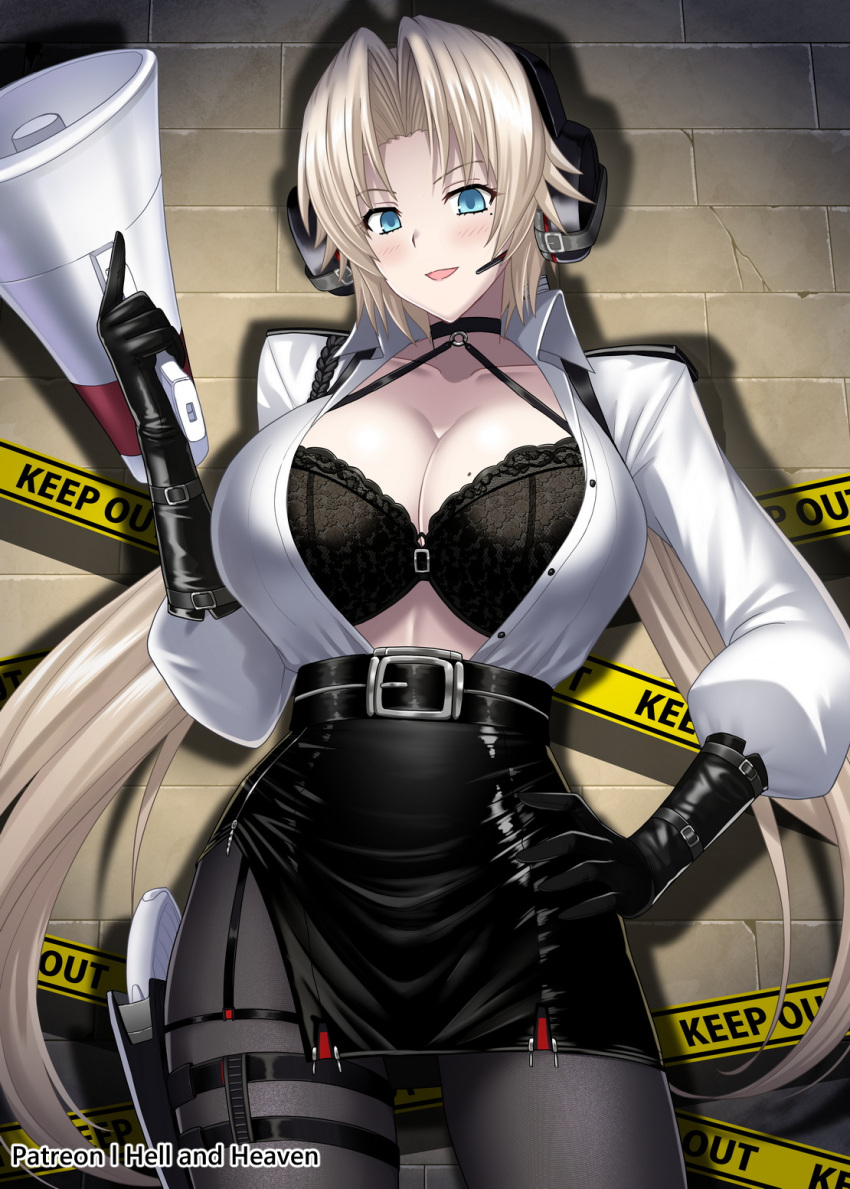 :d artist_name azur_lane belt black_belt black_bra black_choker black_gloves black_pantyhose black_skirt blonde_hair blue_eyes blush bra bra_peek breasts brick_wall caution_tape choker collarbone commentary cowboy_shot drop_shadow elbow_gloves female gloves hair_intakes hand_on_own_hip headset hellandheaven high-waist_pantyhose high-waist_skirt highres holding holding_megaphone holstered impossible_hair kronshtadt_(azur_lane) kronshtadt_(begin_the_rush!)_(azur_lane) large_breasts long_hair long_sleeves looking_at_viewer megaphone mole mole_on_breast mole_under_eye official_alternate_costume open_clothes open_mouth open_shirt pantyhose patreon_username pencil_skirt shadow shirt sidelocks skirt smile solo standing thigh_strap underwear very_long_hair white_shirt