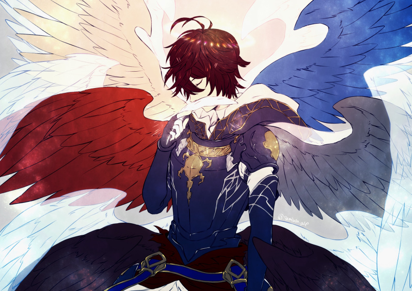 1boy ahoge armor bad_id bad_pixiv_id black_wings blue_wings brown_hair closed_eyes covered_mouth cuirass feathered_wings feathers gauntlets granblue_fantasy hand_up highres holding holding_feather kawasemi_sumika male_focus multicolored_wings multiple_wings orange_wings pauldrons red_wings sandalphon_(granblue_fantasy) shoulder_armor solo standing white_wings wings