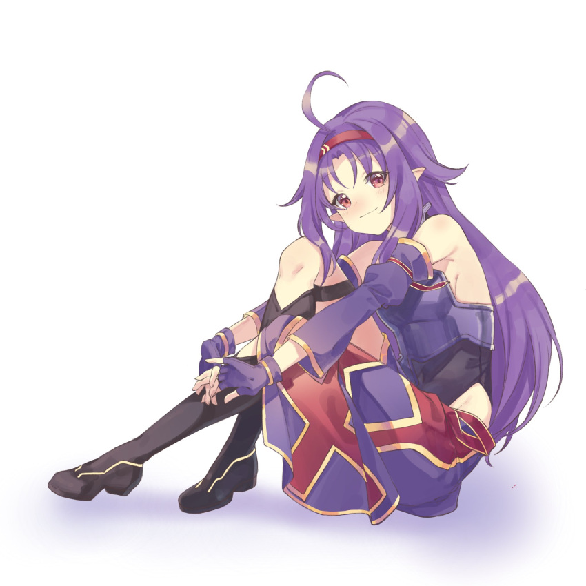 ahoge armor bare_shoulders blush boots breastplate breasts detached_sleeves female fingerless_gloves fingers_together from_side full_body gloves hairband highres hozumi_rino long_hair looking_at_viewer parted_bangs pointy_ears purple_armor purple_hair red_eyes red_hairband side_slit sitting small_breasts solo sword_art_online very_long_hair white_background yuuki_(sao)