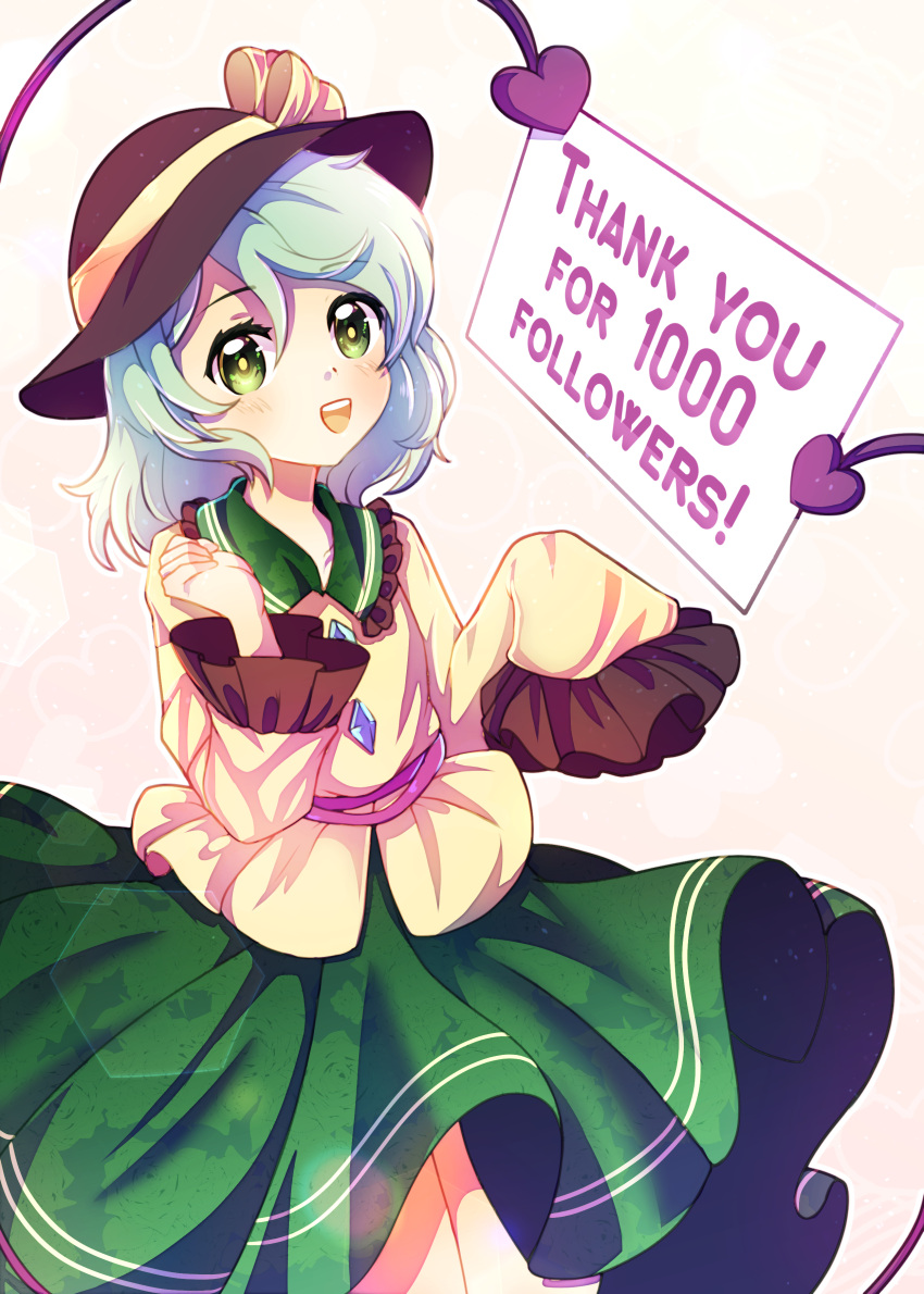 :d absurdres black_hat blouse blush bow crystal dungeon_toaster english_text female frills green_eyes green_hair green_skirt hair_between_eyes hat hat_bow heart heart-shaped_pupils highres holding jewelry komeiji_koishi light long_sleeves looking_at_viewer milestone_celebration open_mouth shirt short_hair skirt smile solo standing symbol-shaped_pupils third_eye touhou wide_sleeves yellow_bow yellow_shirt yellow_sleeves