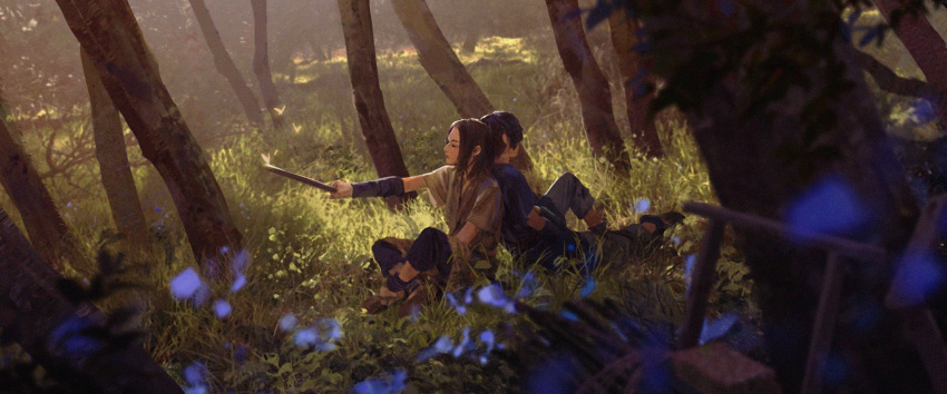 2boys arm_wrap back-to-back black_hair blue_flower brown_hair character_request check_character chenalii commentary crossed_ankles day ei_sei_(kingdom) english_commentary flower forest grass highres holding holding_stick kingdom_(series) knee_up leaning_back leaning_on_person male_focus multiple_boys nature on_ground outstretched_arm outstretched_leg pants shin_(kingdom) shirt shoes short_hair short_sleeves sitting stick tree