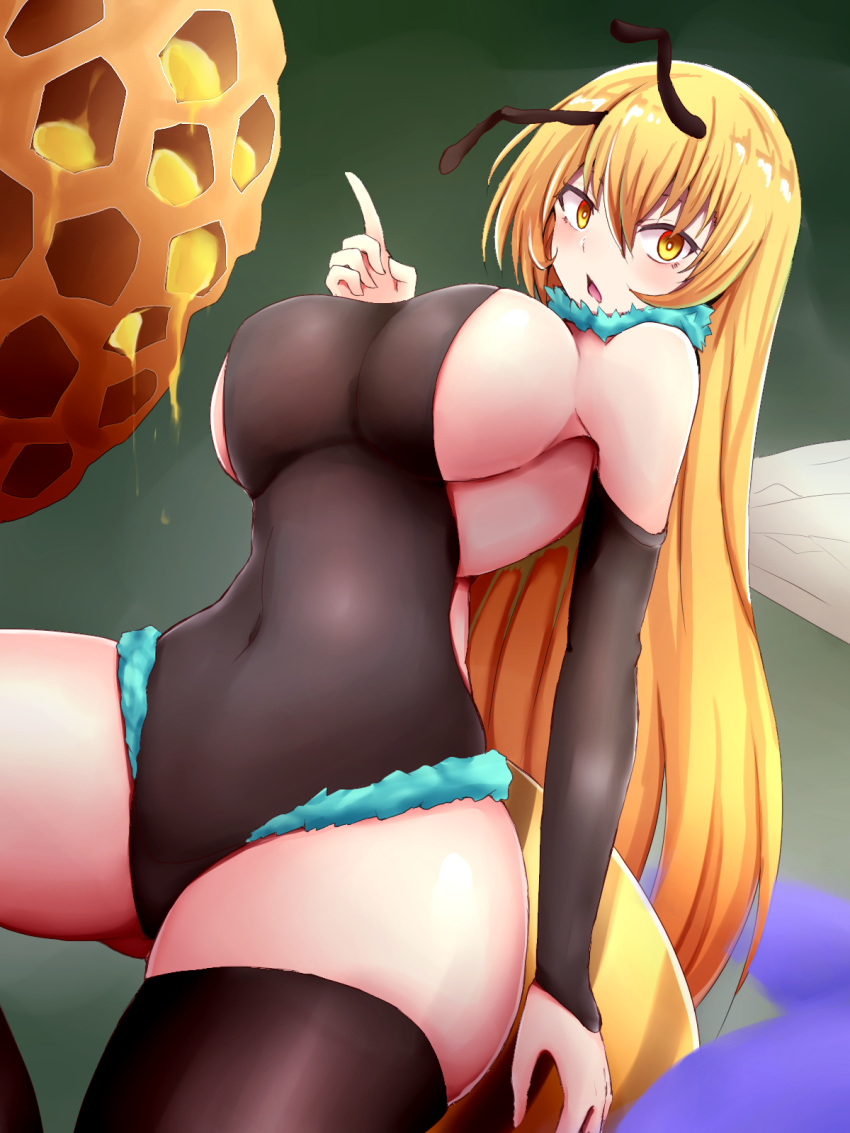 animal_ears antennae arthropod_girl bare_shoulders bee_girl beehive blonde_hair blush bodystocking breasts brown_gloves brown_thighhighs chestnut_mouth commentary covered_navel elbow_gloves female fur_trim gloves highres huge_breasts long_hair looking_at_viewer monster_girl open_mouth original raichi_(ddq0246) sideboob simple_background skin_tight skindentation sleeveless solo tail thighhighs thighs wings yellow_eyes