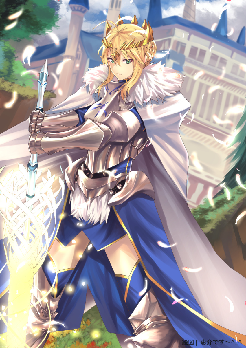 ahoge armor armored_dress artoria_pendragon_(fate) artoria_pendragon_(lancer)_(fate) braid braided_bun cape capelet crown_braid dutch_angle fate/grand_order fate_(series) feathers female grass hair_between_eyes hair_bun highres keisuke_desu~ looking_at_viewer planted rhongomyniad_(fate) solo spread_legs thighhighs thighs weapon white_capelet