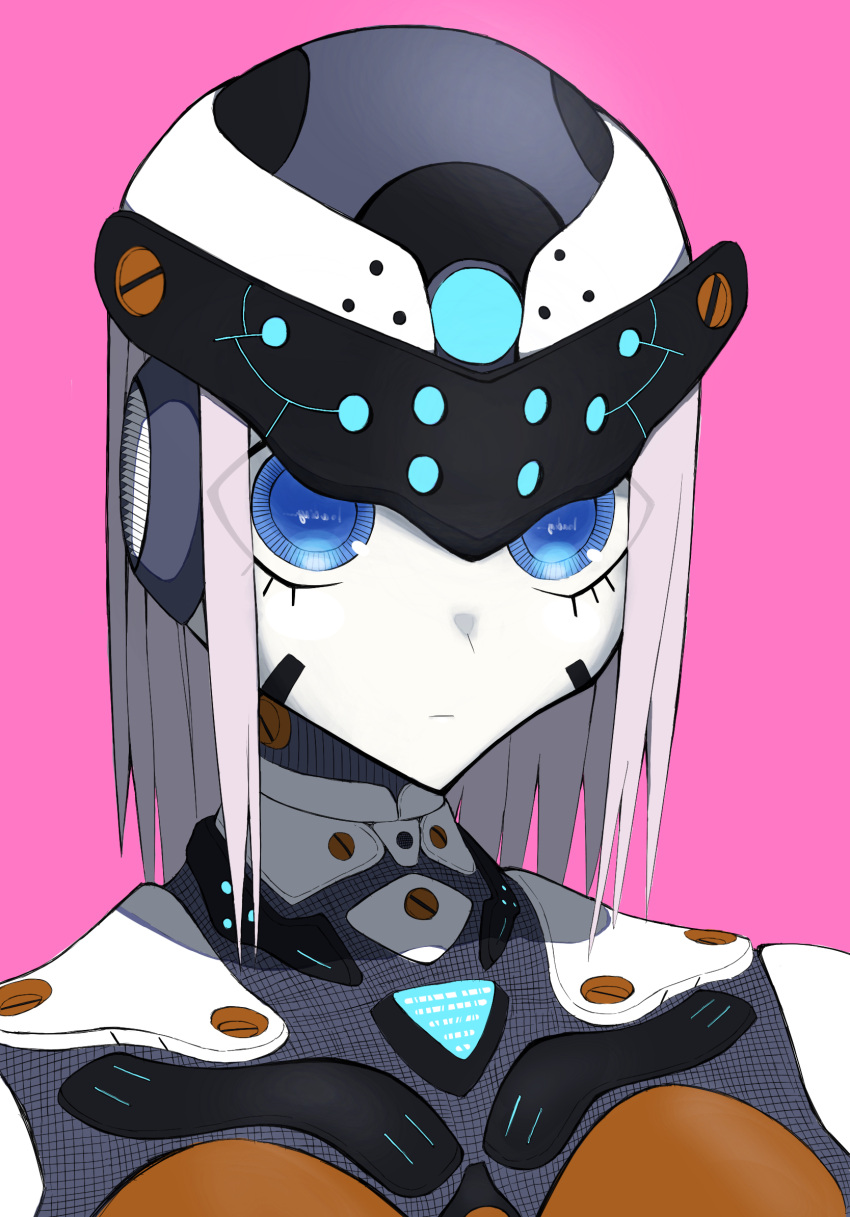 android blue_eyes chest_jewel colored_skin commentary_request expressionless eyes_visible_through_hair female forehead_protector highres looking_at_viewer medium_hair omeletricetaro3 original pink_background pink_hair robot robot_girl solo white_skin