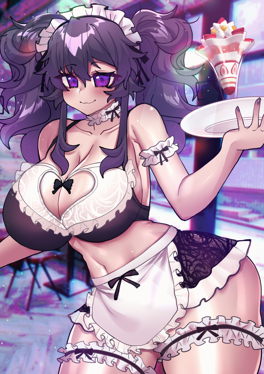 :3 absurdres apron arm_garter black_bow bow breasts bridal_garter cafe chair cleavage cleavage_cutout clothing_cutout collar crawling_dreams curvy eyebrows female food frilled_collar frills fruit heart_cutout highres holding holding_tray ice_cream large_breasts maid maid_headdress nyarla_(osiimi) osiimi parfait plate purple_eyes purple_hair purple_nails strawberry strawberry_parfait table thick_thighs thighs tray twintails vaporwave whipped_cream