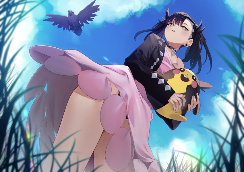 absurdres black_hair black_jacket black_panties cloud corviknight day dress earrings eredhen female from_below grass green_eyes highres holding holding_pokemon jacket jewelry long_sleeves marnie_(pokemon) morpeko morpeko_(full) open_clothes open_jacket outdoors panties panty_peek pink_dress pokemon pokemon_(creature) pokemon_swsh revision sky standing underwear