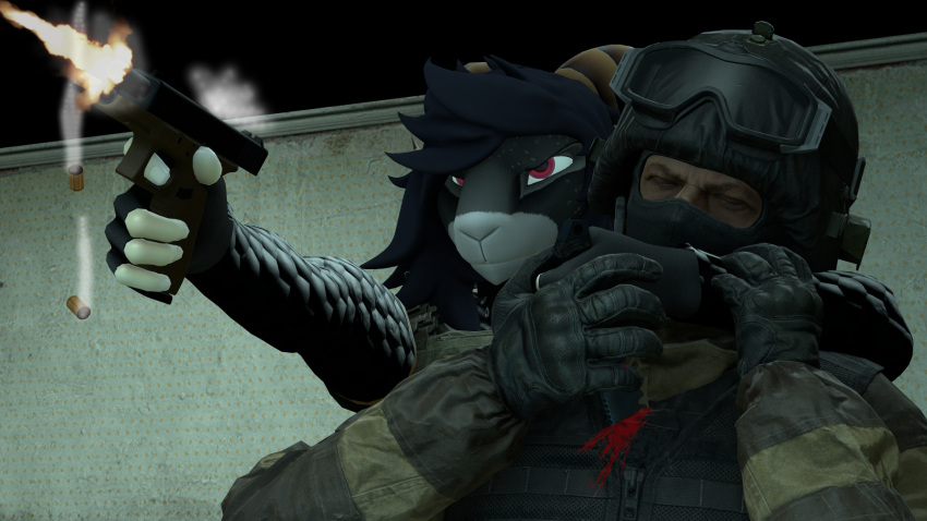 anthro battle blood blue_hair bodily_fluids bovid caprine demonslairsfm duo execution fight glock_17 goat gore gun hair hi_res human human_shield isaac_(demonslairsfm) knife male male/male mammal ranged_weapon red_eyes shooting special_air_service spetsnaz stab weapon