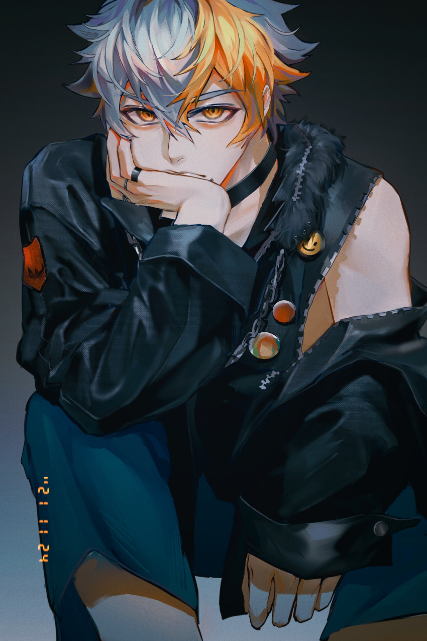 1boy absurdres black_choker black_jacket black_shirt black_star_-theater_starless- blonde_hair blue_pants chinese_commentary choker closed_mouth commentary_request grey_hair hair_between_eyes head_rest highres iuew jacket jewelry long_sleeves male_focus mizuki_(black_star) multicolored_hair multiple_rings off_shoulder open_clothes open_jacket pants ring shirt short_hair sitting solo two-tone_hair yellow_eyes