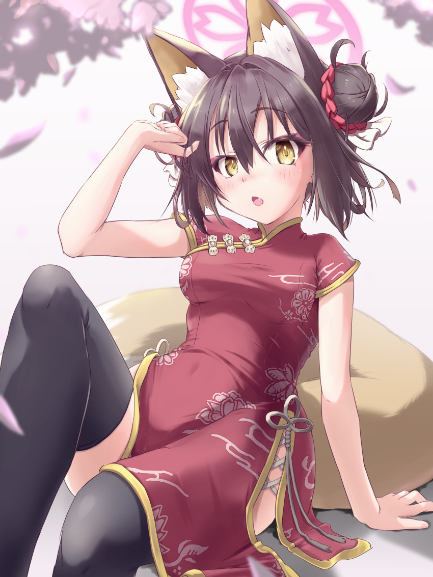 :o absurdres animal_ears black_hair blue_archive blush breasts cherry_blossoms china_dress chinese_clothes covered_navel double_bun dress falling_petals female hair_bun hair_ornament highres izuna_(blue_archive) long_hair looking_at_viewer medium_breasts open_mouth pelvic_curtain petals pillow print_dress red_dress short_hair side_slit sitting solo thighhighs tomonx yellow_eyes