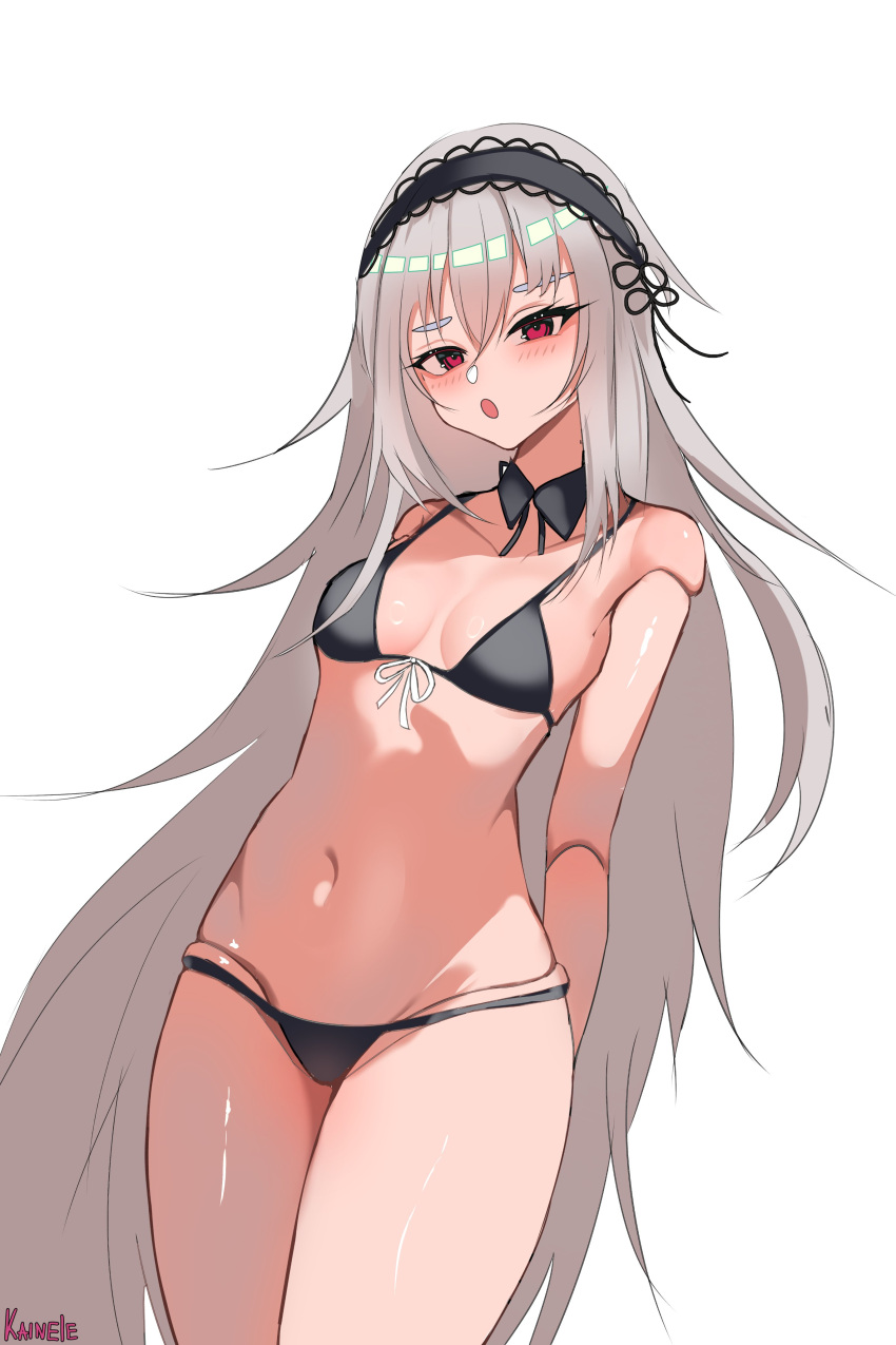 absurdres bikini black_bikini blush doll_joints grey_hair hairband highres joints kainele long_hair looking_at_viewer no_heterochromia red_eyes rozen_maiden smile solo suigintou swimsuit very_long_hair white_hair