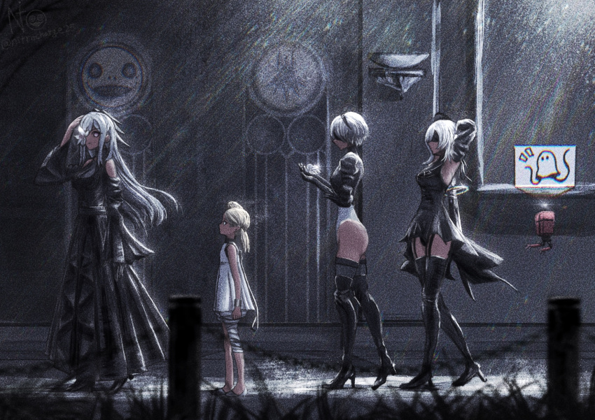 10h_(nier_reincarnation) 2b_(nier:automata) 4girls arms_behind_head arms_up ass black_blindfold blindfold blonde_hair boots drag-on_dragoon drag-on_dragoon_3 emil_(nier) fio_(nier) flower_eyepatch garter_straps grey_hair high_heel_boots high_heels highres in-franchise_crossover leotard mama_(nier) multiple_girls nier nier:automata nier_(series) nier_reincarnation nitrocharge25 official_alternate_costume short_hair thigh_boots thighhighs walking zero_(drag-on_dragoon)