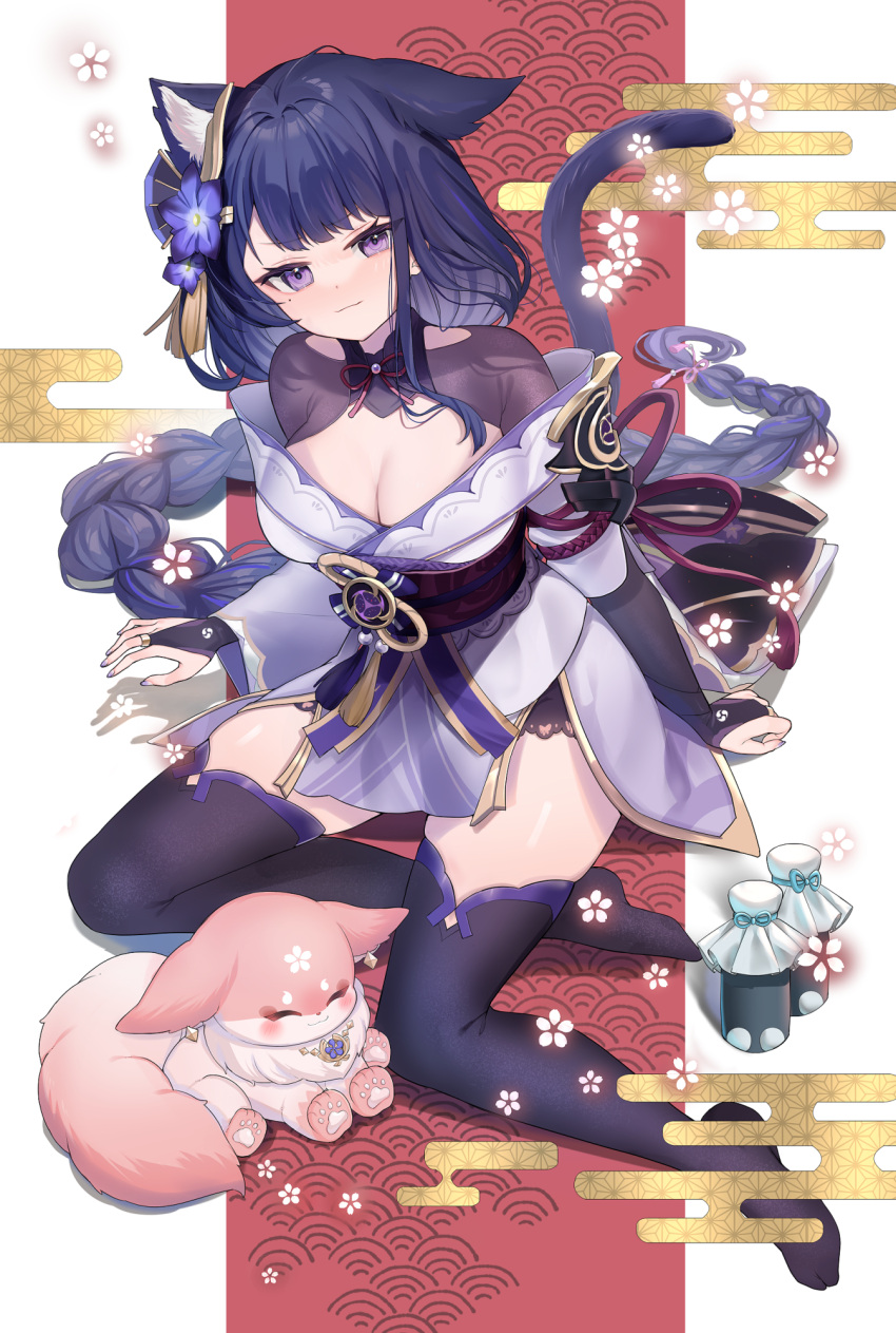 1other absurdly_long_hair alternate_form animal_ear_fluff animal_ear_piercing animal_ears animalization black_bridal_gauntlets black_thighhighs braid braided_ponytail breasts bridal_gauntlets cat_ears cat_girl cat_tail cleavage closed_eyes closed_mouth commentary_request dango_milk_(genshin_impact) female flower fox from_above genshin_impact hair_flower hair_ornament highres japanese_clothes kemonomimi_mode kimono large_breasts long_hair looking_at_viewer low-braided_long_hair low-tied_long_hair mkichi mole mole_under_eye nail_polish obi pink_fur purple_eyes purple_flower purple_hair purple_kimono purple_nails raiden_shogun sash sitting tail thighhighs very_long_hair yae_miko yae_miko_(fox) yokozuwari