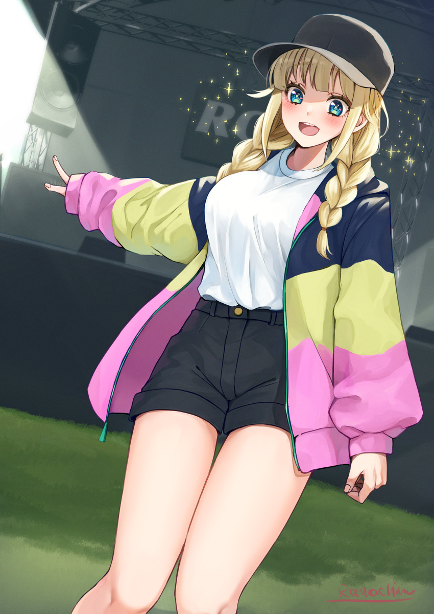 artist_name baseball_cap black_hat black_shorts blonde_hair blue_eyes braid breasts female grass hat highres jacket large_breasts multicolored_clothes multicolored_jacket paripi_koumei pointing ramachiru shirt shorts solo sparkling_eyes speaker stage thighs tsukimi_eiko twin_braids white_shirt