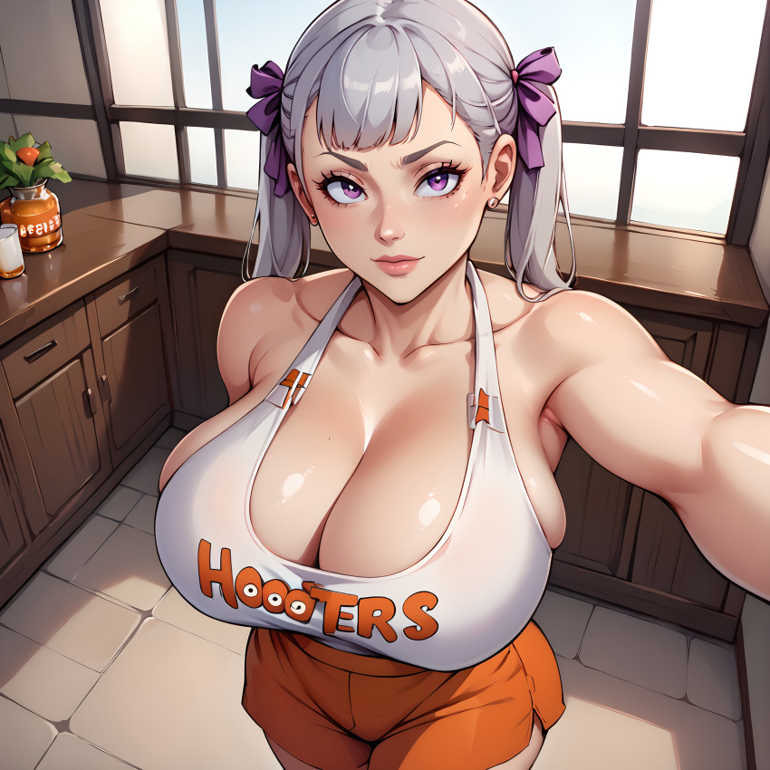 absurdres ai-generated bikini black_clover breasts cleavage curvy female highres hooters huge_breasts large_breasts no_bra noelle_silva non-web_source purple_eyes rubyart selfie solo source_request swimsuit twintails