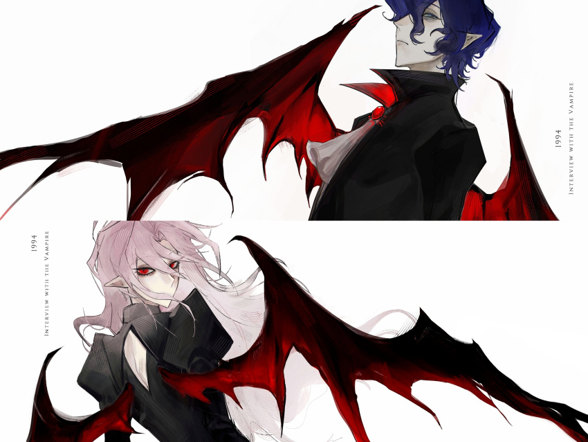 2boys absurdres alternate_costume ascot back_cutout bat_wings black_shirt blue_eyes blue_hair brooch chinese_commentary closed_mouth clothing_cutout commentary_request copyright_name english_text grey_ascot hatsutori_hajime highres interview_with_the_vampire jewelry juliet_sleeves long_hair long_sleeves male_focus multiple_boys pink_hair pointy_ears puffy_sleeves red_brooch red_eyes red_wings saibou_shinkyoku shirt short_hair simple_background sputniklover-1 upper_body utsugi_noriyuki vampire white_background wings