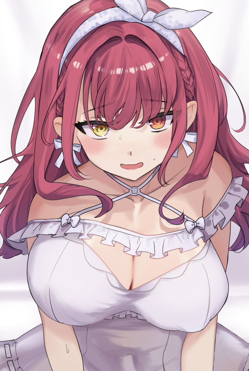 absurdres bare_shoulders blush breasts cleavage covered_nipples dress female heterochromia highres hololive houshou_marine houshou_marine_(8th_costume) long_hair red_eyes red_hair siose_tamotsu solo upper_body virtual_youtuber white_background white_dress yellow_eyes